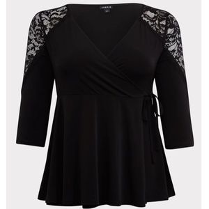 *NWT* BLACK STUDIO KNIT LACE INSERT WRAP TOP